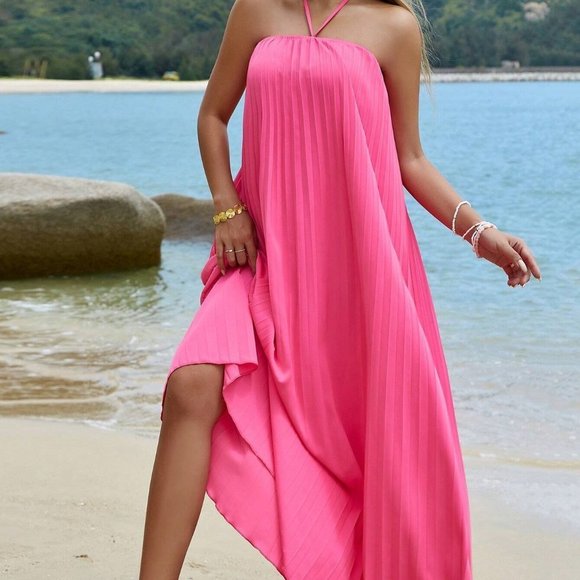 Pink Boho Womens Solid Pleated Detail Backless Halter Dress - Picture 3 of 5